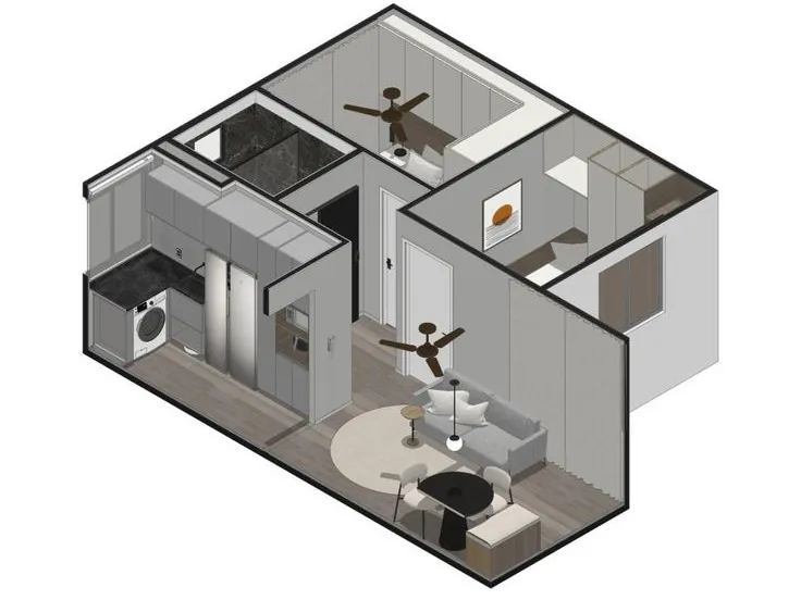 Modelo 3D cru de um apartamento em vista isométrica